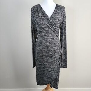 Aritzia Wilfred Klum Dress Large Gray‎ Marled Faux Wrap Ruched Knit Stretch Sexy